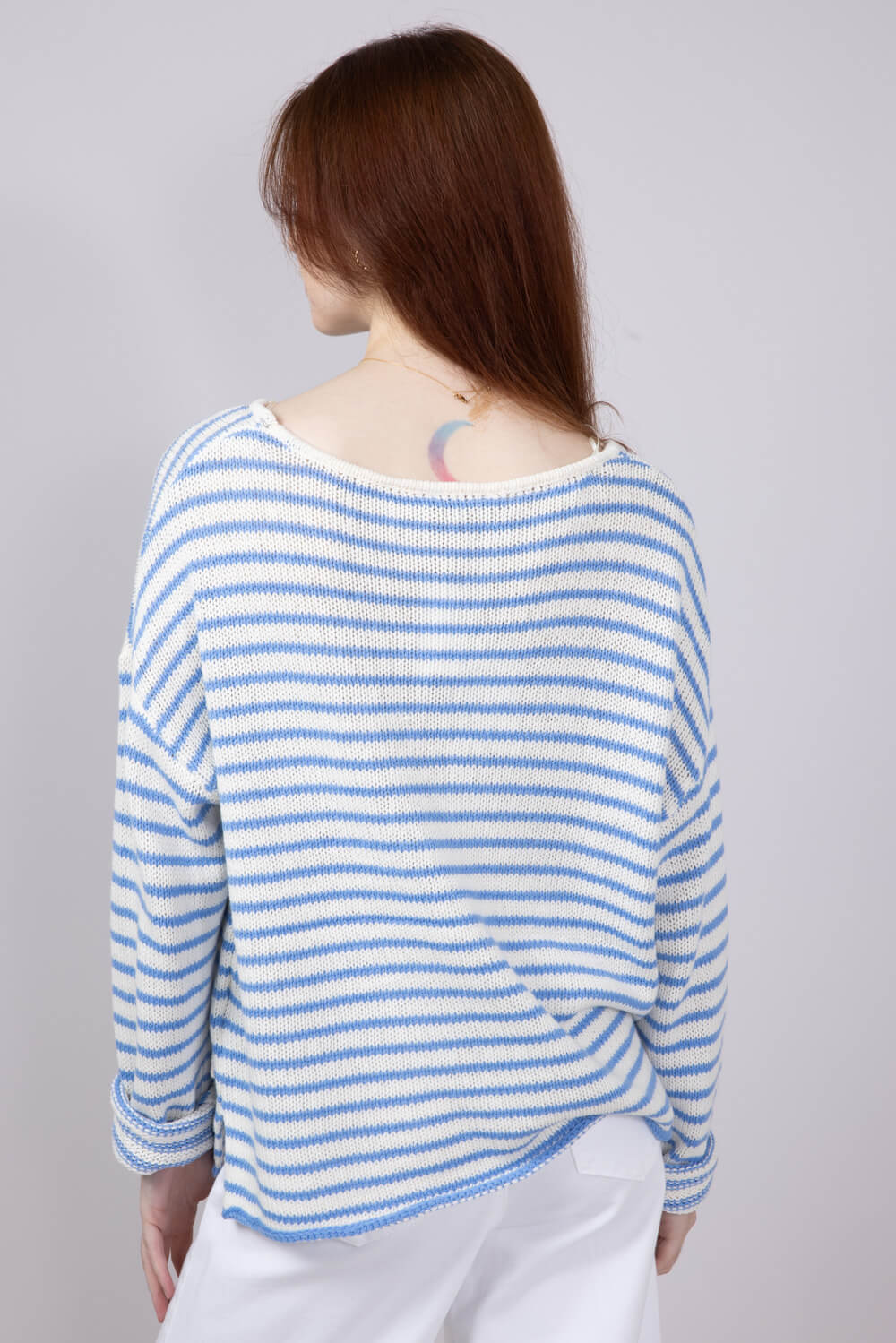 Miracle Lightweight Gauge Stripe Sweater for Women in Cream/Light Blue