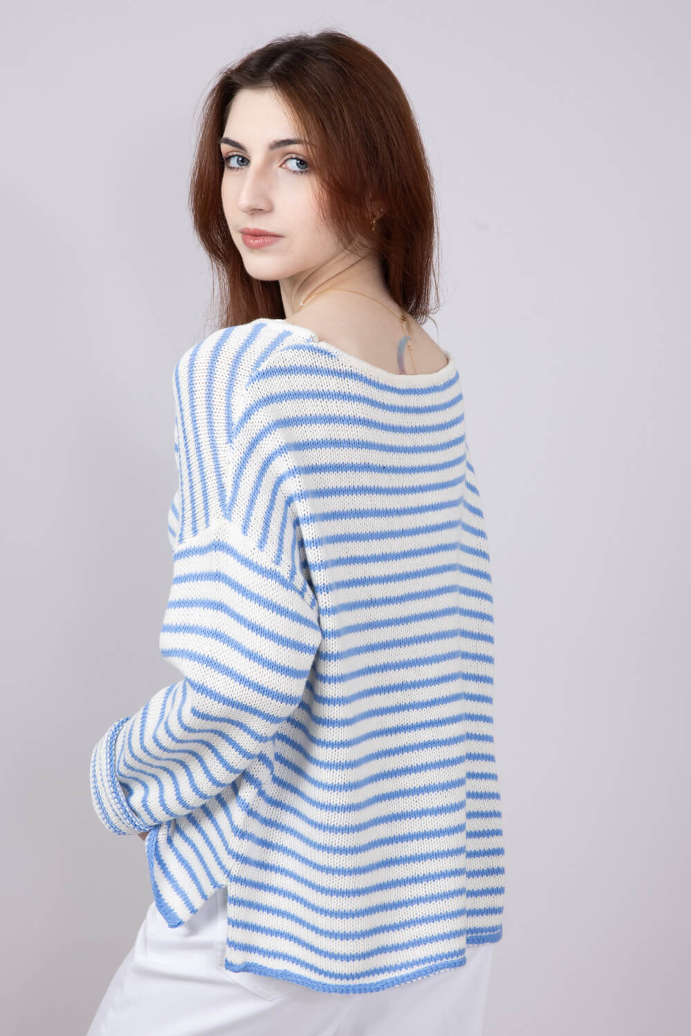 Miracle Lightweight Gauge Stripe Sweater for Women in Cream/Light Blue