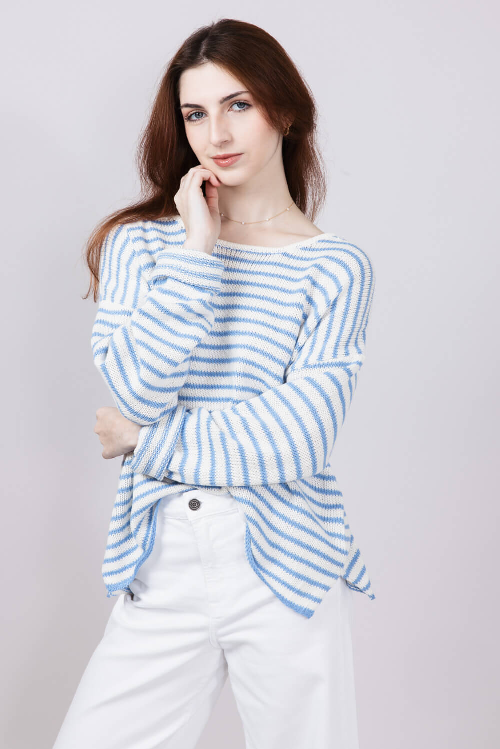Miracle Lightweight Gauge Stripe Sweater for Women in Cream/Light Blue