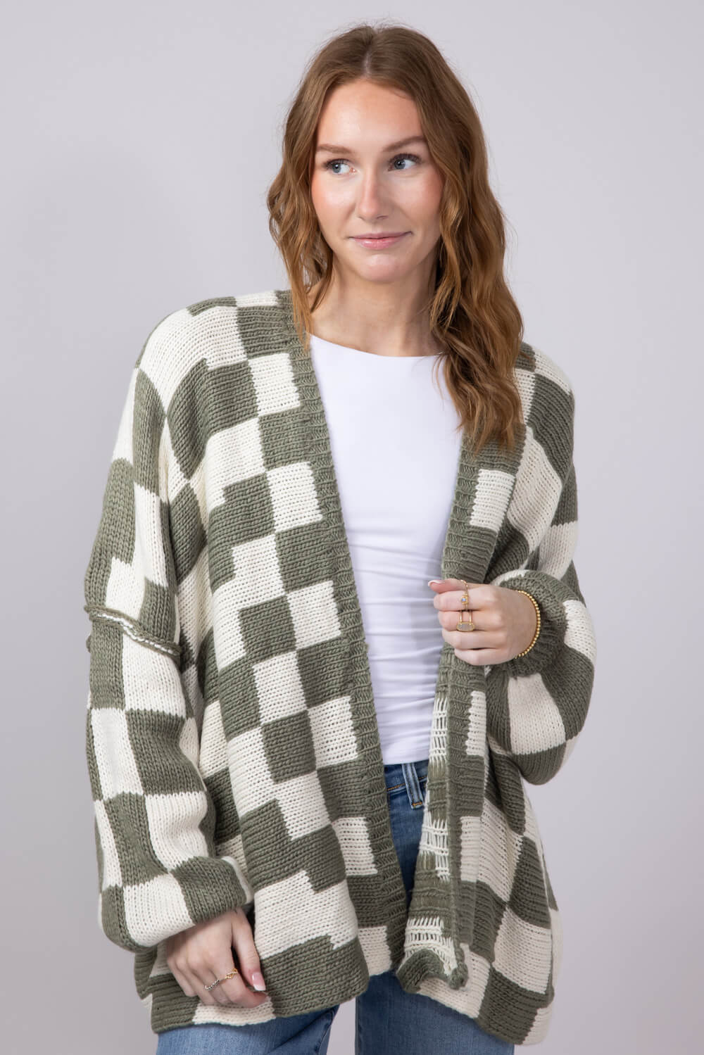 Checker Cardigan for Women in White Olive