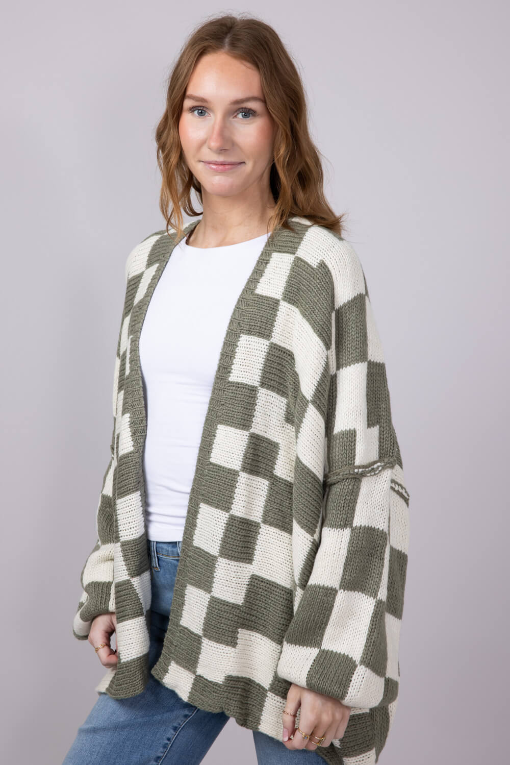 Checker Cardigan for Women in White Olive