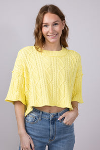 Washed Ashore Cable Stitch Short Sleeve Sweater for Women in Lemon