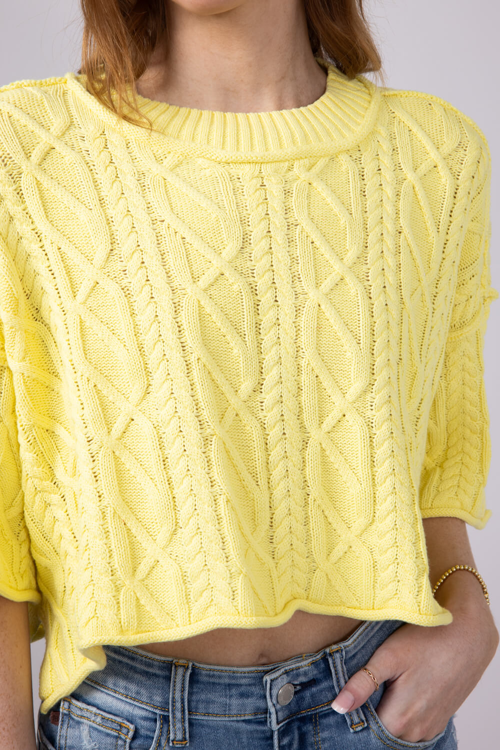 Washed Ashore Cable Stitch Short Sleeve Sweater for Women in Lemon