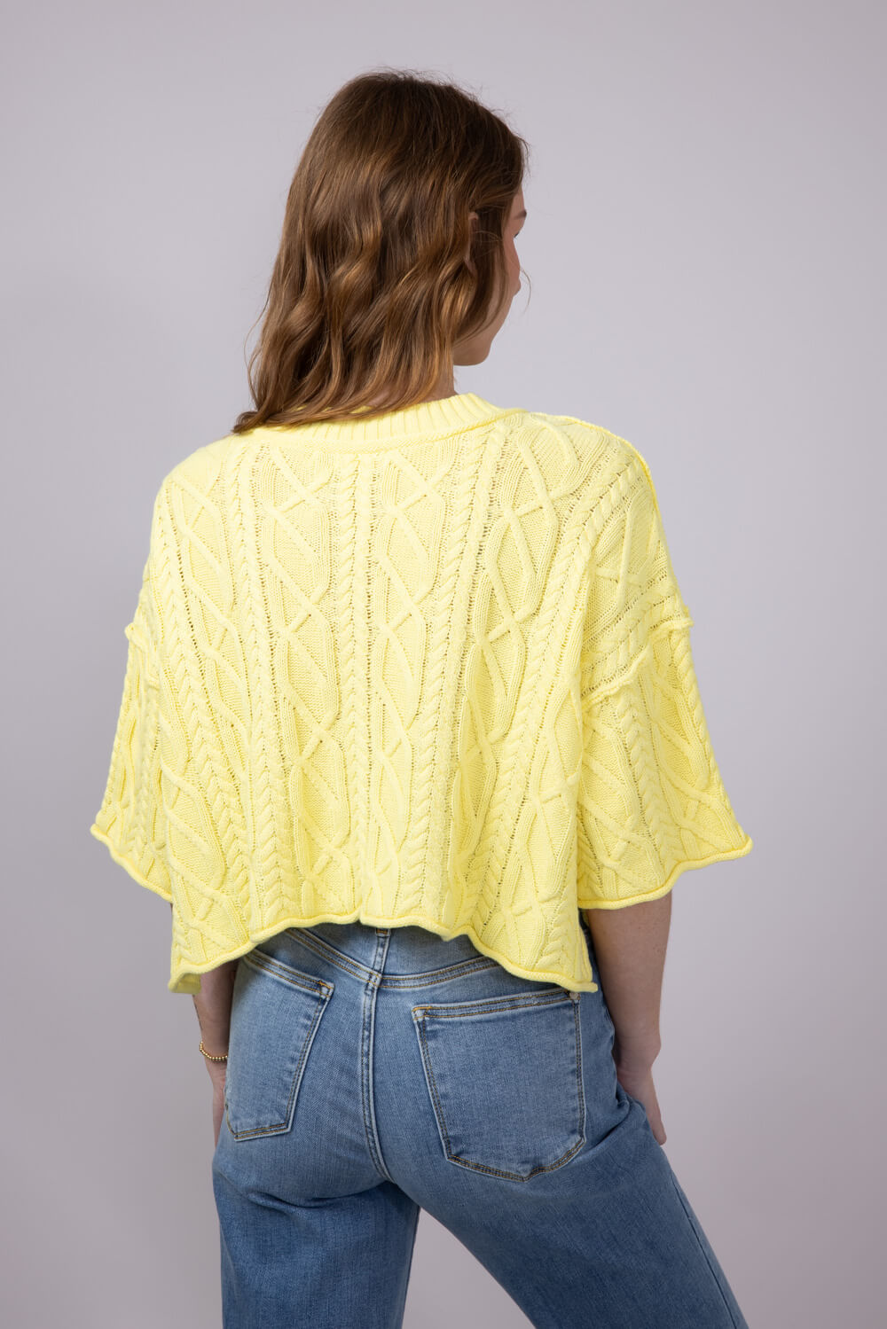Washed Ashore Cable Stitch Short Sleeve Sweater for Women in Lemon
