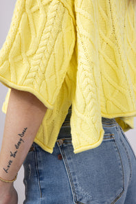 Washed Ashore Cable Stitch Short Sleeve Sweater for Women in Lemon