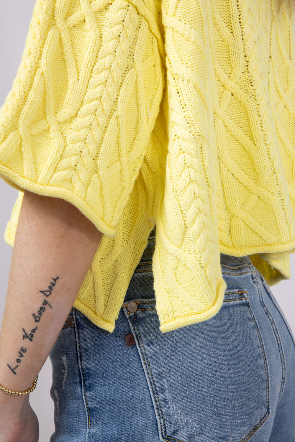 Washed Ashore Cable Stitch Short Sleeve Sweater for Women in Lemon