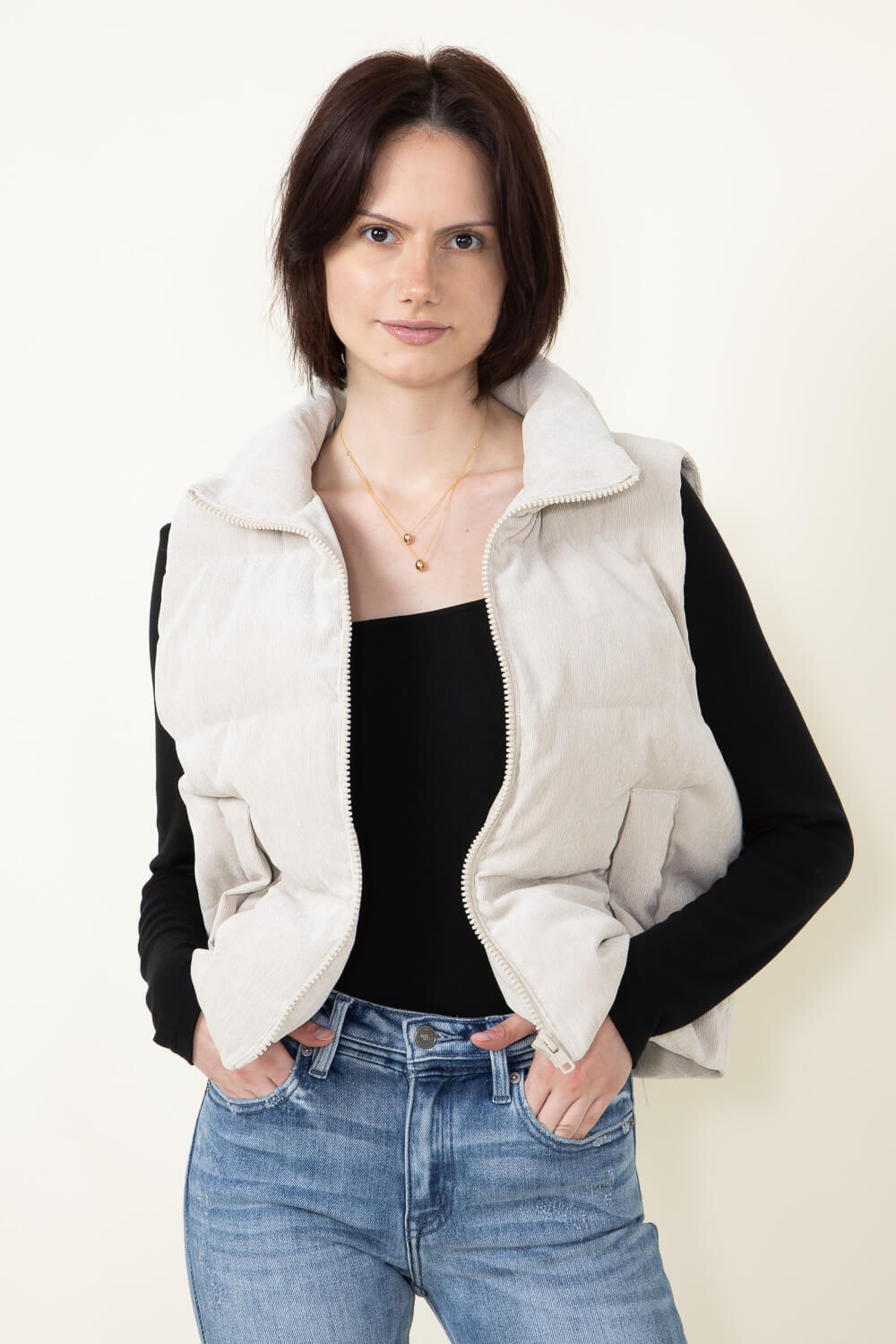 Corduroy Puffer Vest for Women in Sand