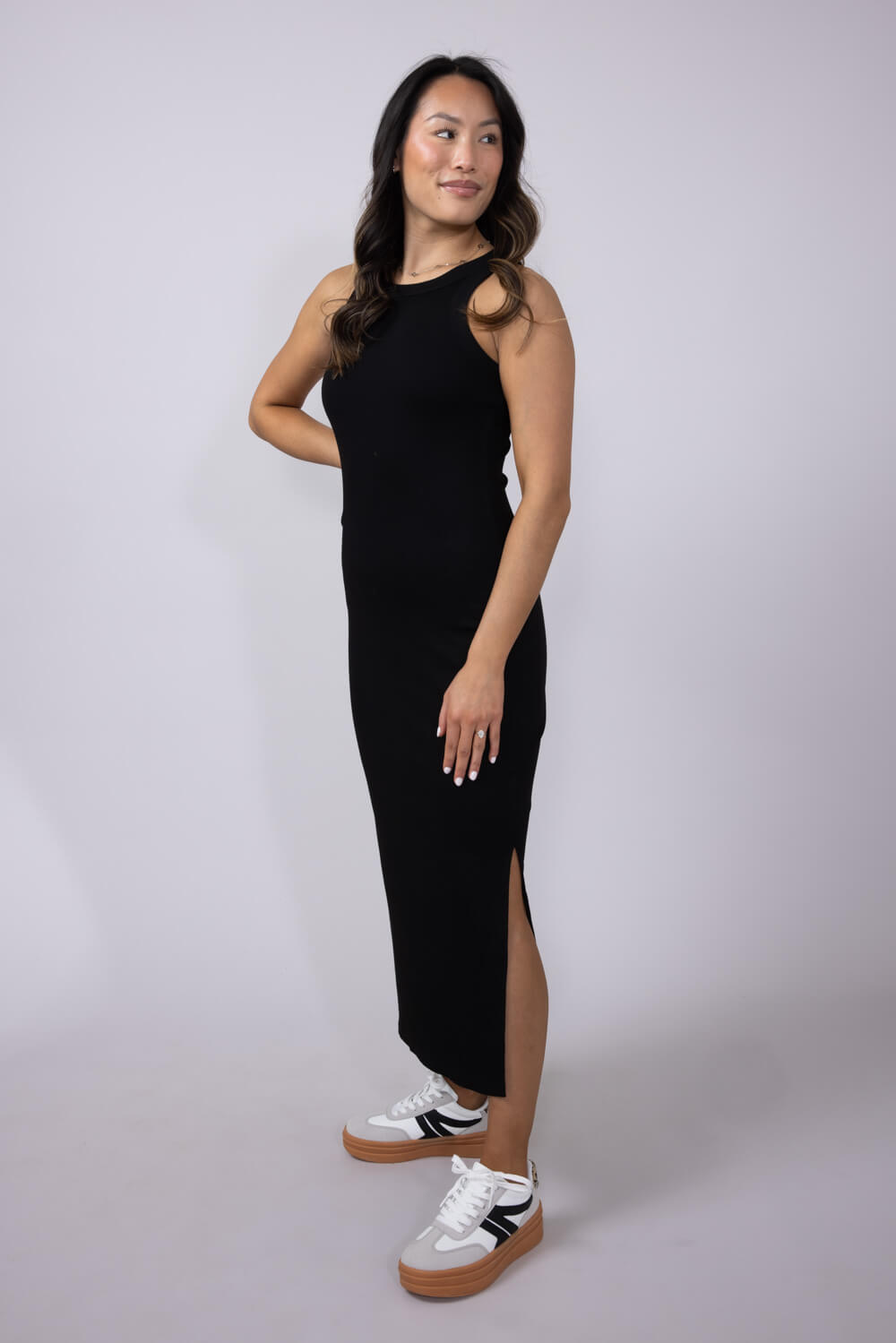 Ribbed Knit Side Slit Dress for Women in Black