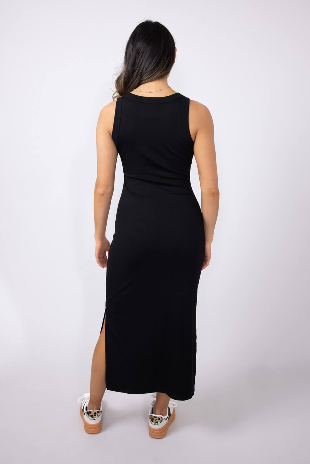 Ribbed Knit Side Slit Dress for Women in Black