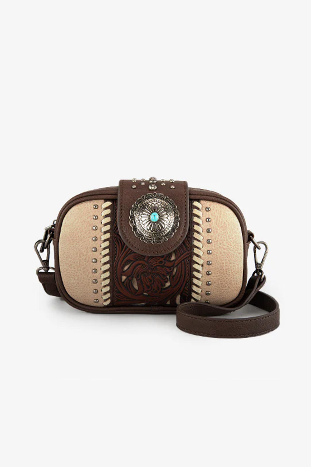 Tooled Concho Small Crossbody Bag for Women in Coffee 