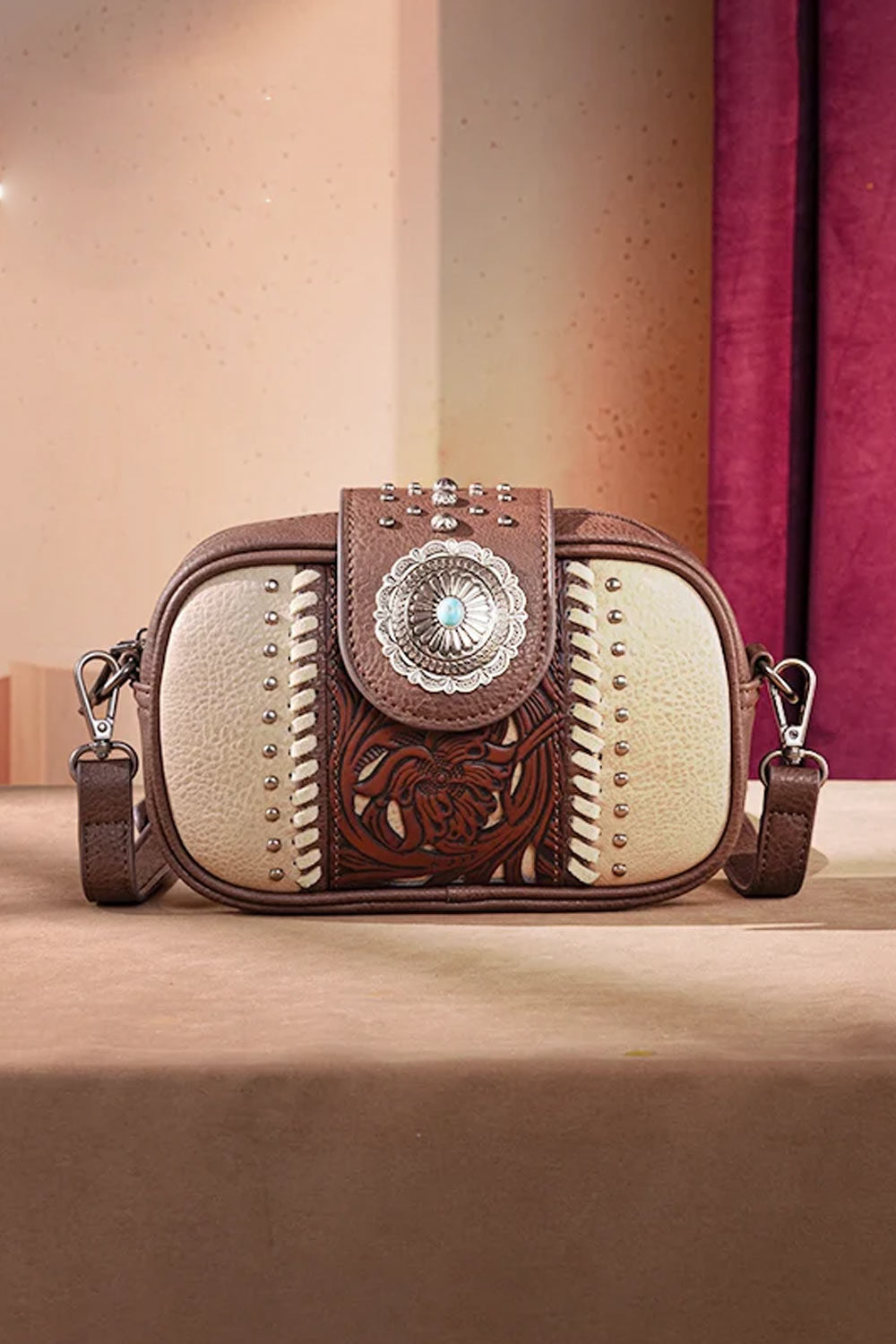 Tooled Concho Small Crossbody Bag for Women in Coffee 