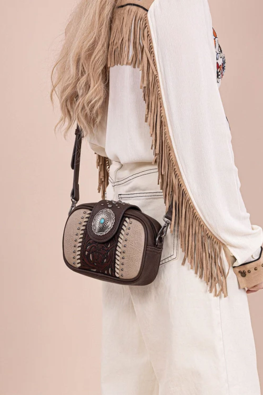 Tooled Concho Small Crossbody Bag for Women in Coffee 