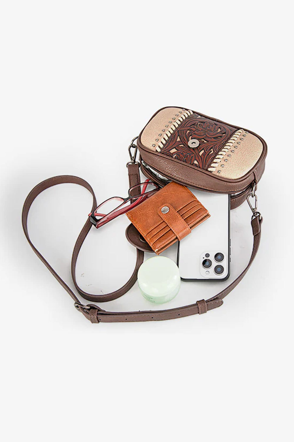 Tooled Concho Small Crossbody Bag for Women in Coffee 