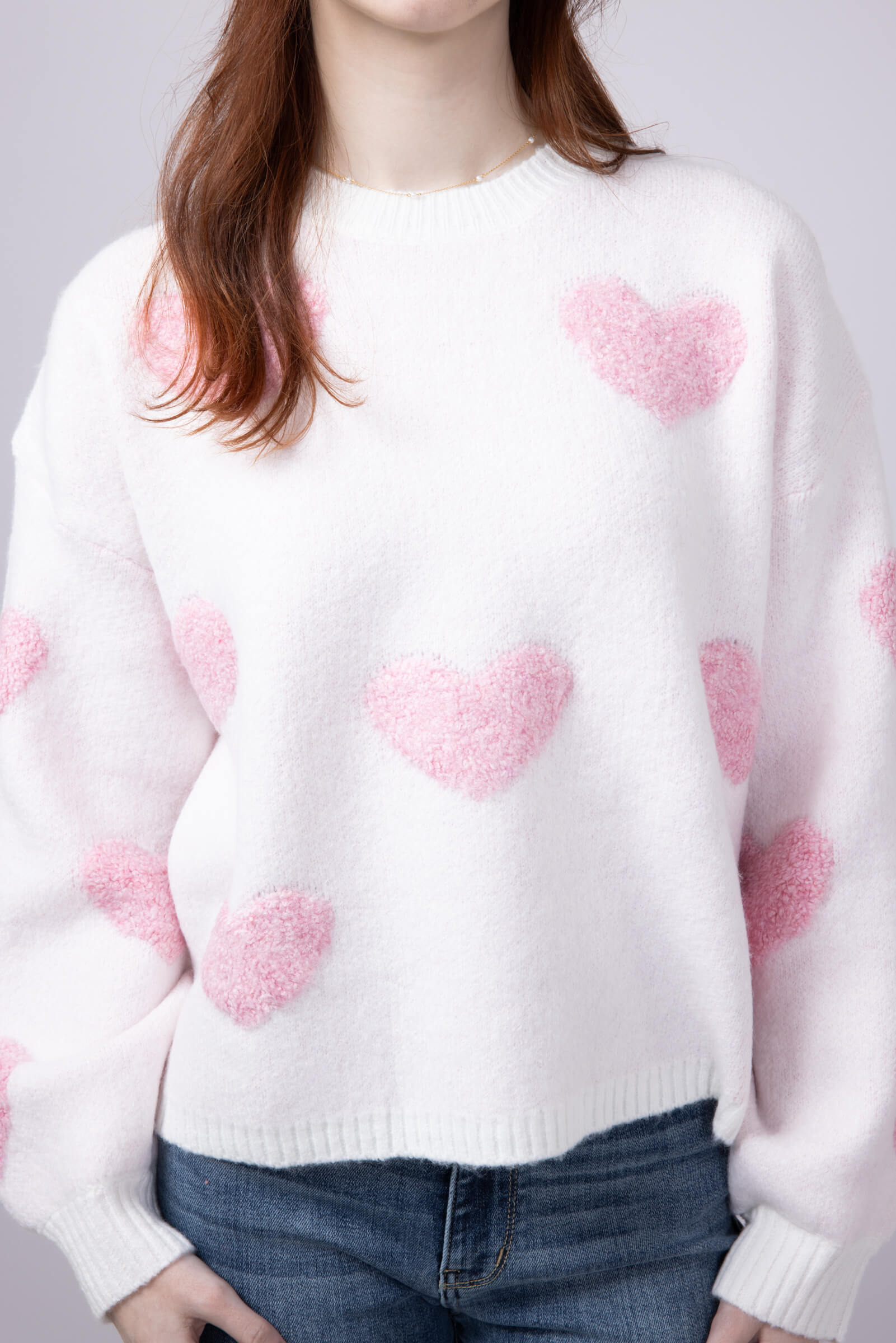 Multi Texture Heart Sweater for Women in Cream/Pink