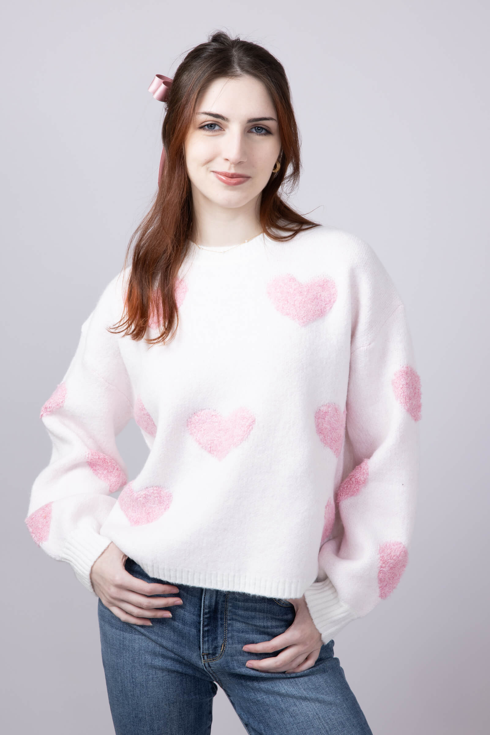 Multi Texture Heart Sweater for Women in Cream/Pink