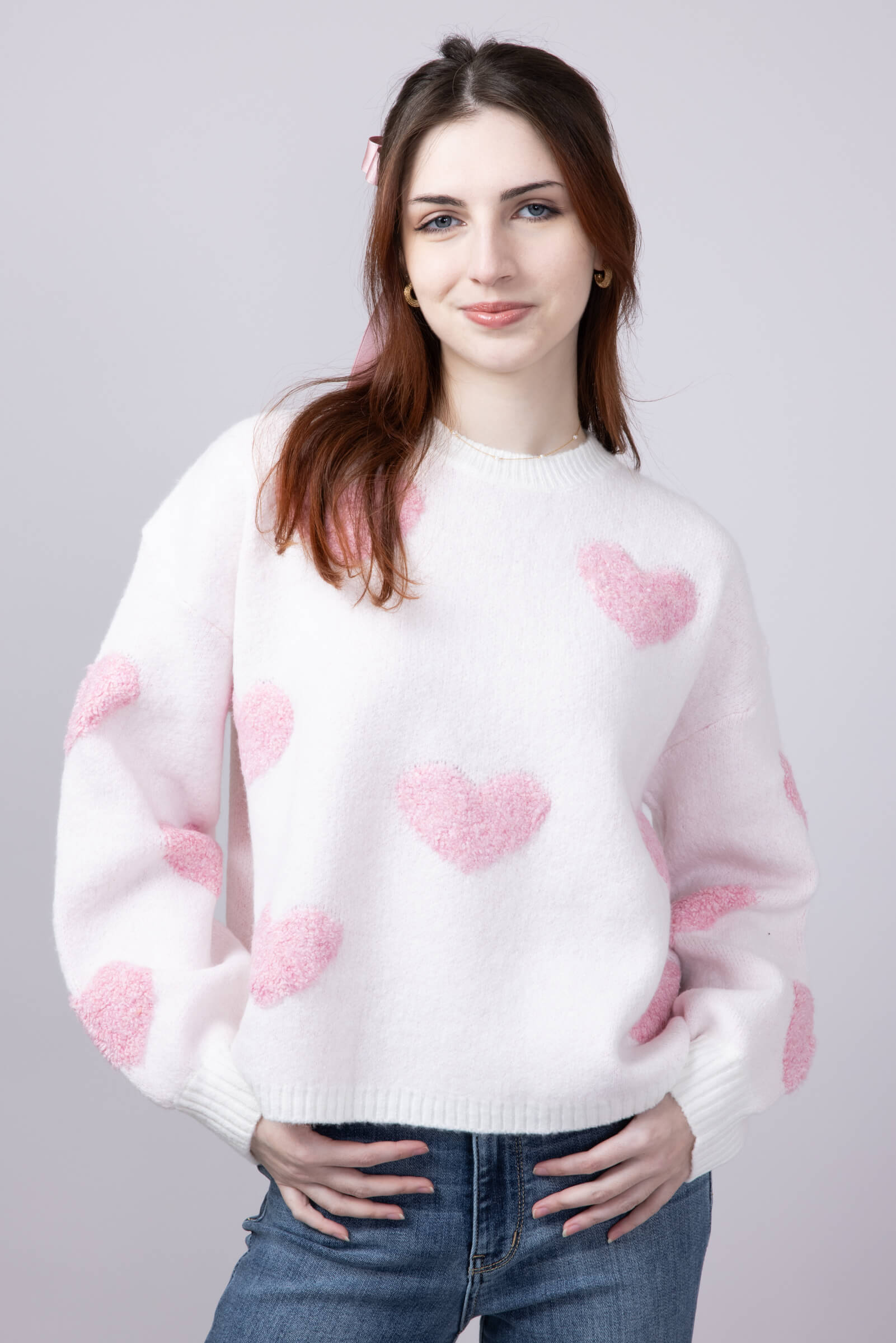 Multi Texture Heart Sweater for Women in Cream/Pink