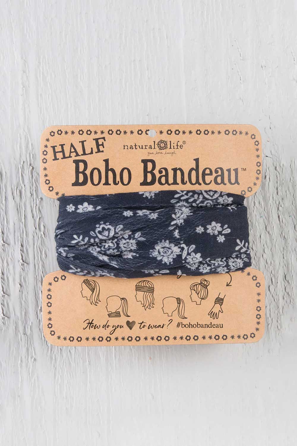 Natural Life Half Boho Bandeau Headband in Black Cream Floral