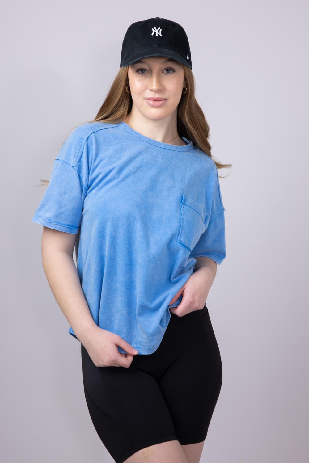 Mineral Wash Pocket T-Shirt for Women in Blue