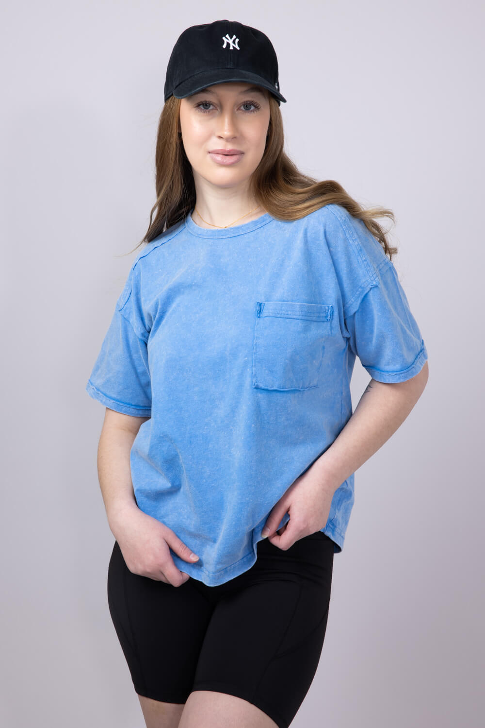 Mineral Wash Pocket T-Shirt for Women in Blue