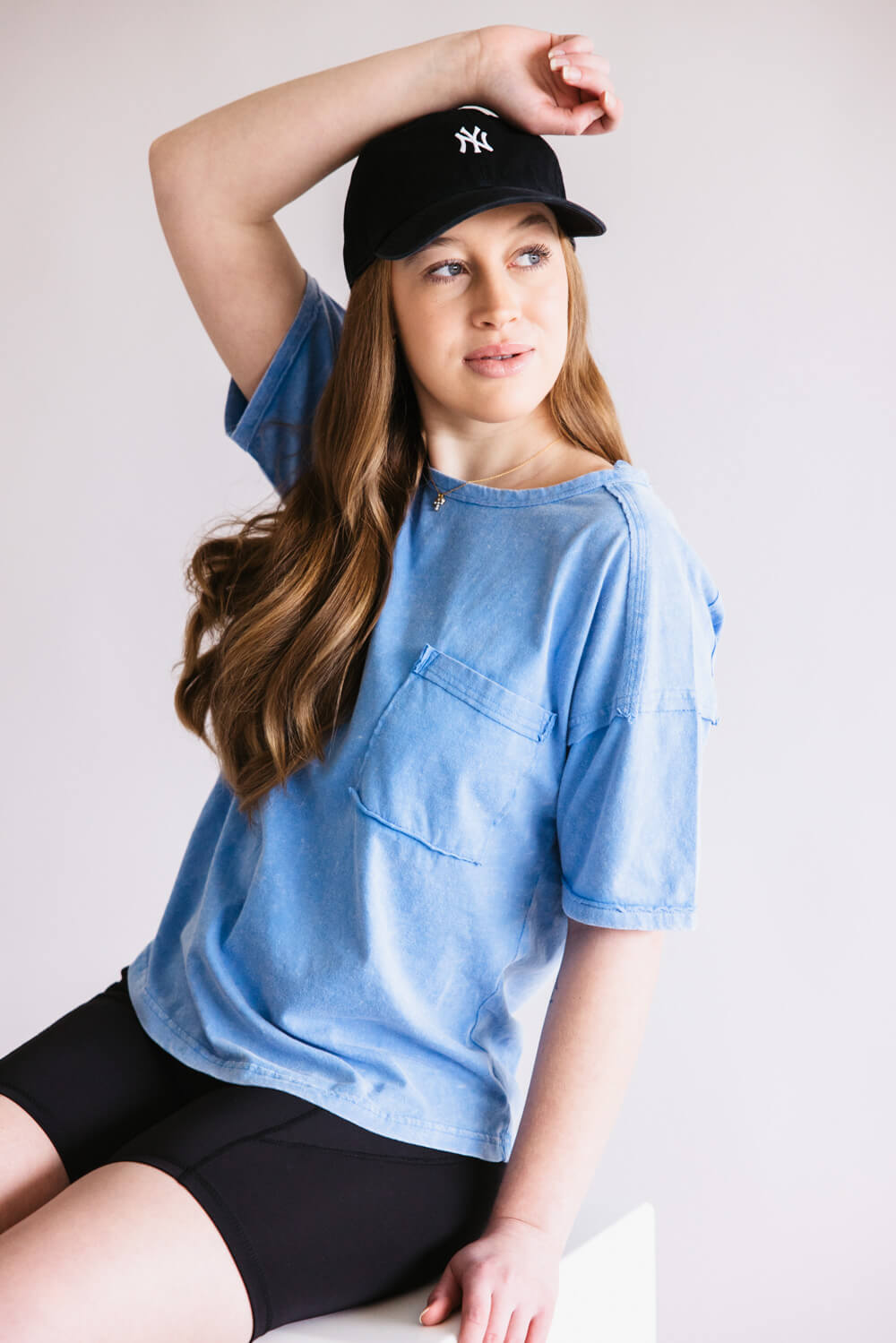 Mineral Wash Pocket T-Shirt for Women in Blue