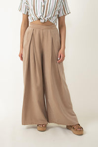 Pintucked Flowy Wide Leg Pants for Women in Taupe