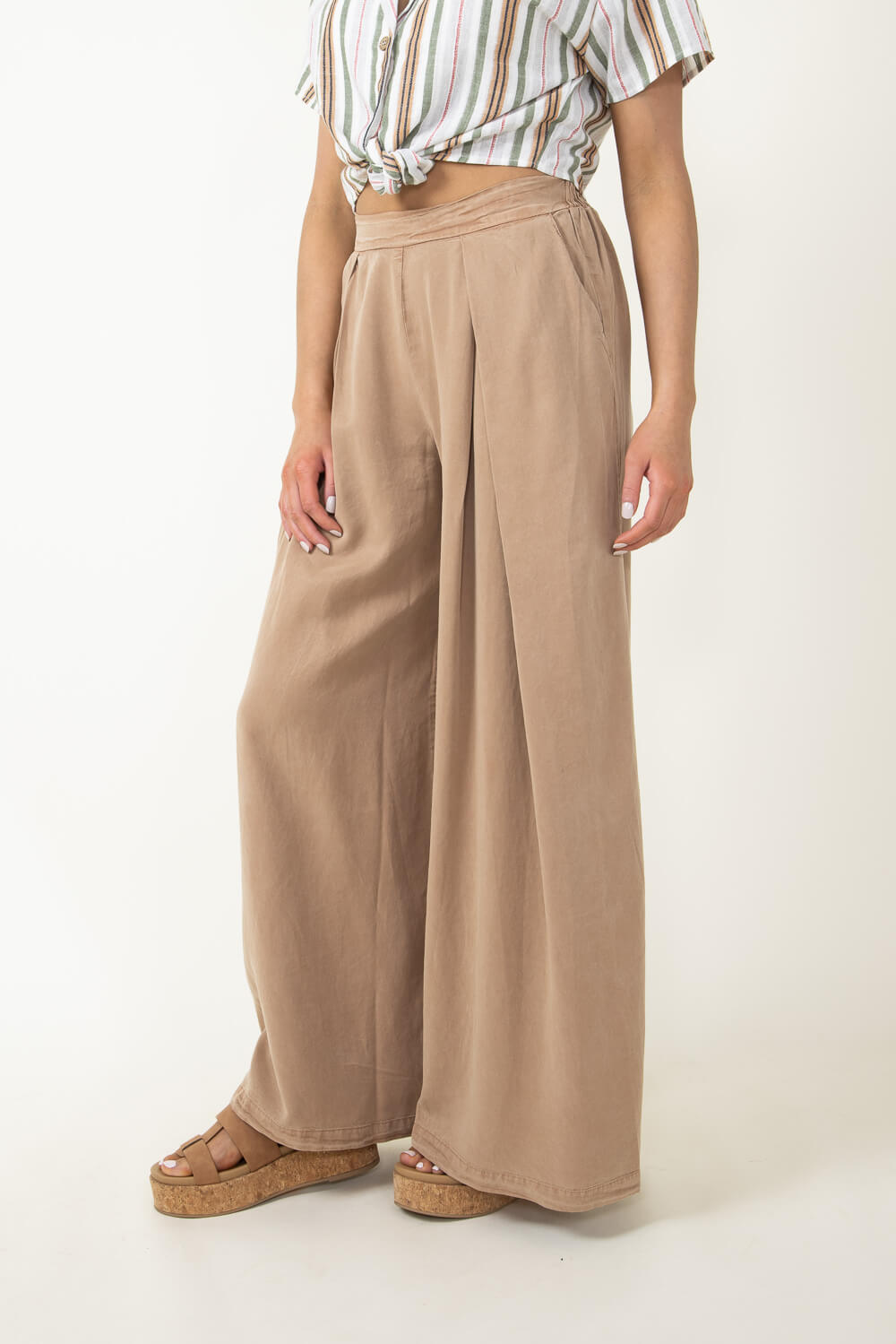 Pintucked Flowy Wide Leg Pants for Women in Taupe