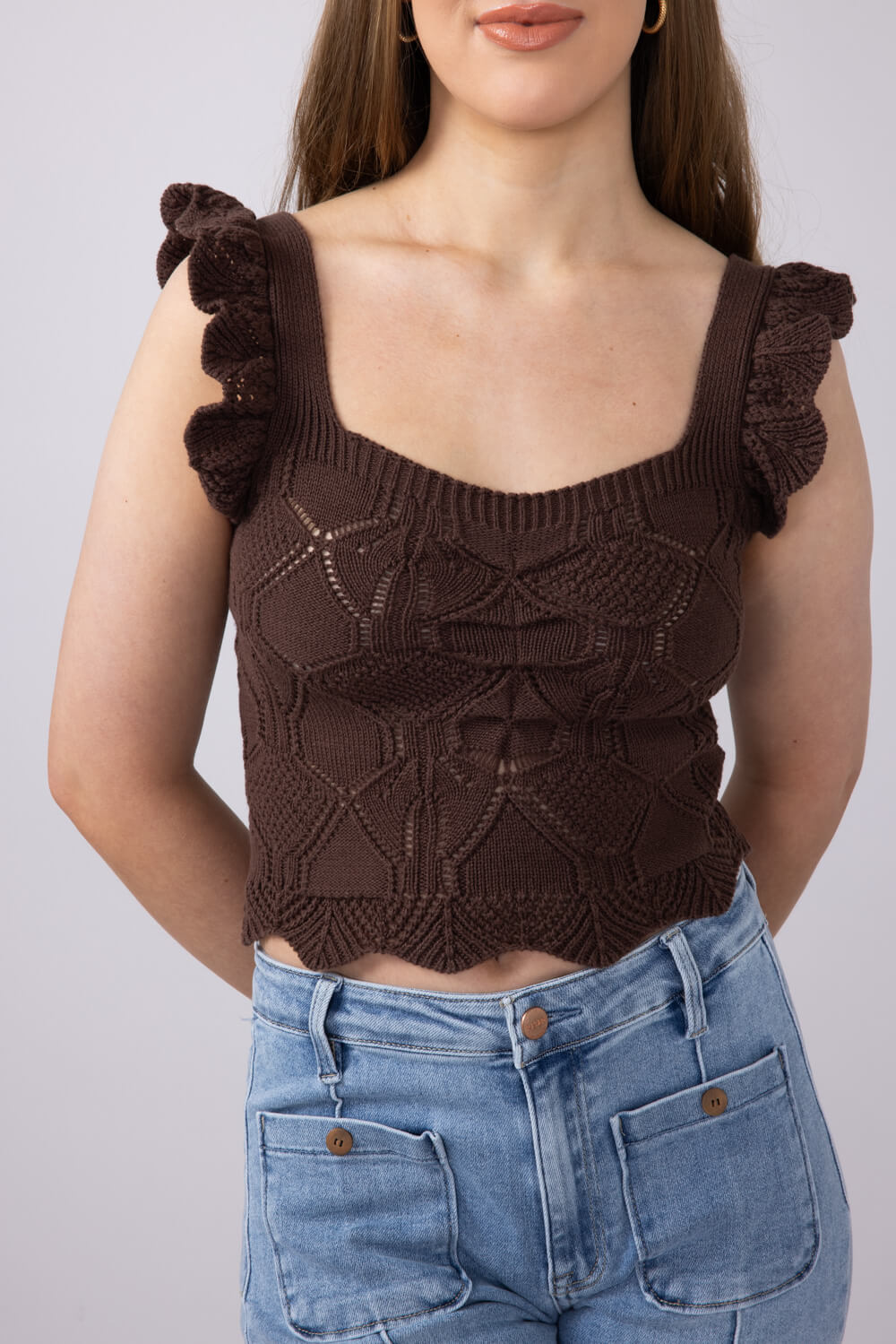 Pointelle Knit Ruffled Tank Top for Women in Brown