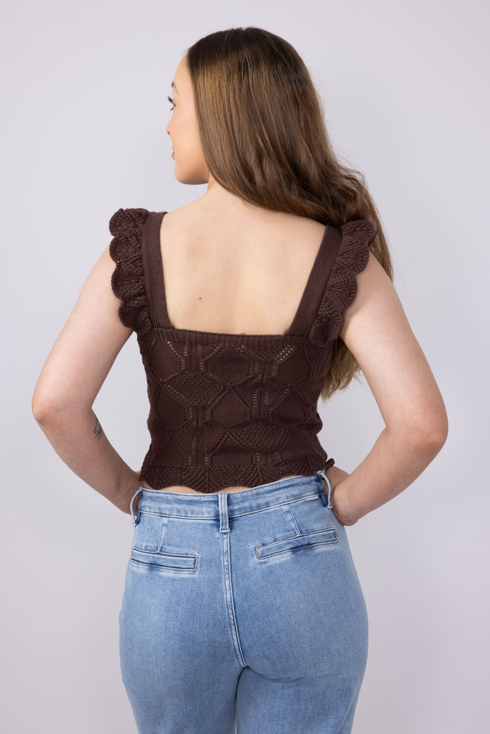 Pointelle Knit Ruffled Tank Top for Women in Brown