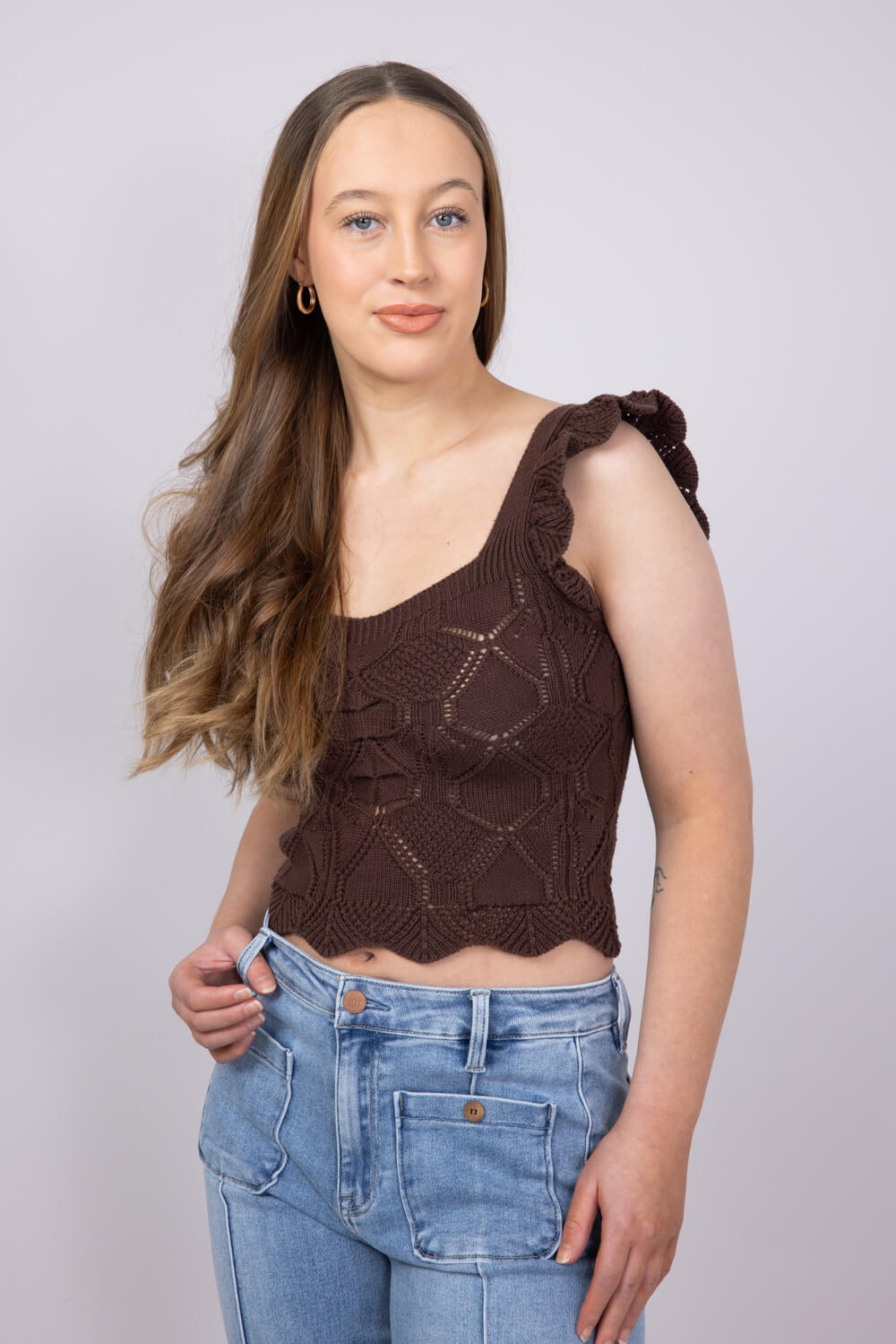 Pointelle Knit Ruffled Tank Top for Women in Brown