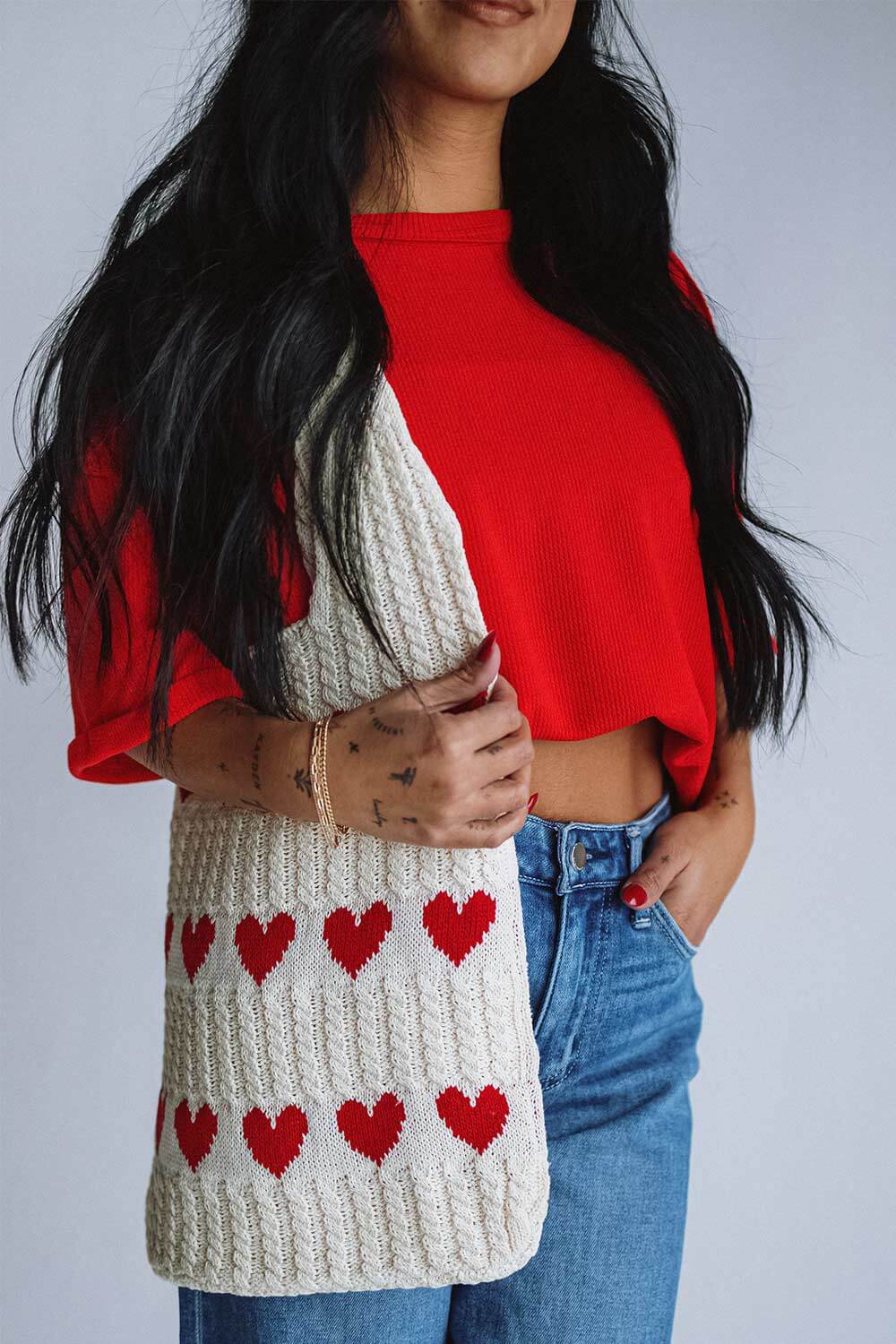 Red Heart Sweater Bag for Women in Off White/Red