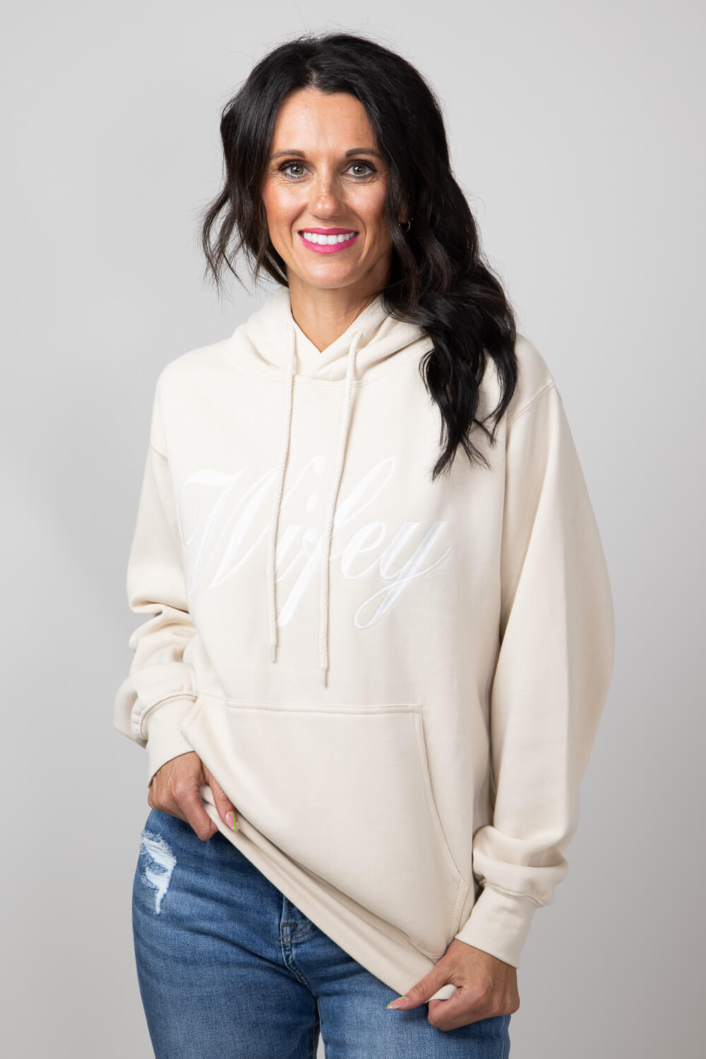 1897 Active Wifey Embroidered Hoodie for Women in Cream