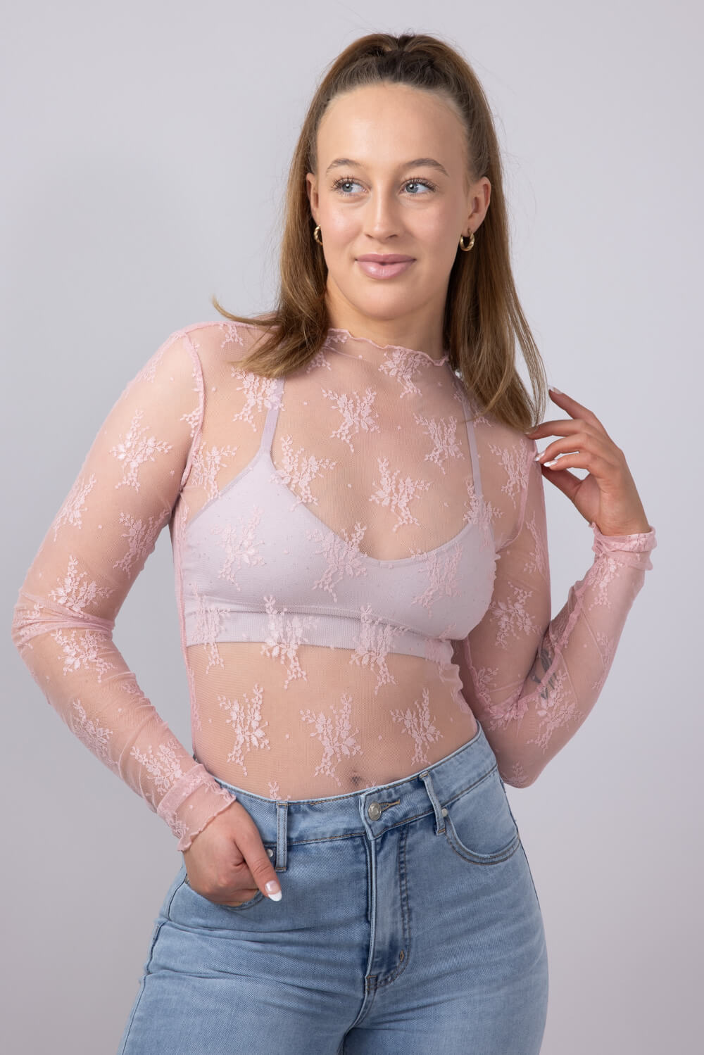 Lace Sheer Layering Top for Women in Pink