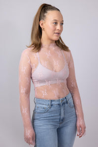 Lace Sheer Layering Top for Women in Pink