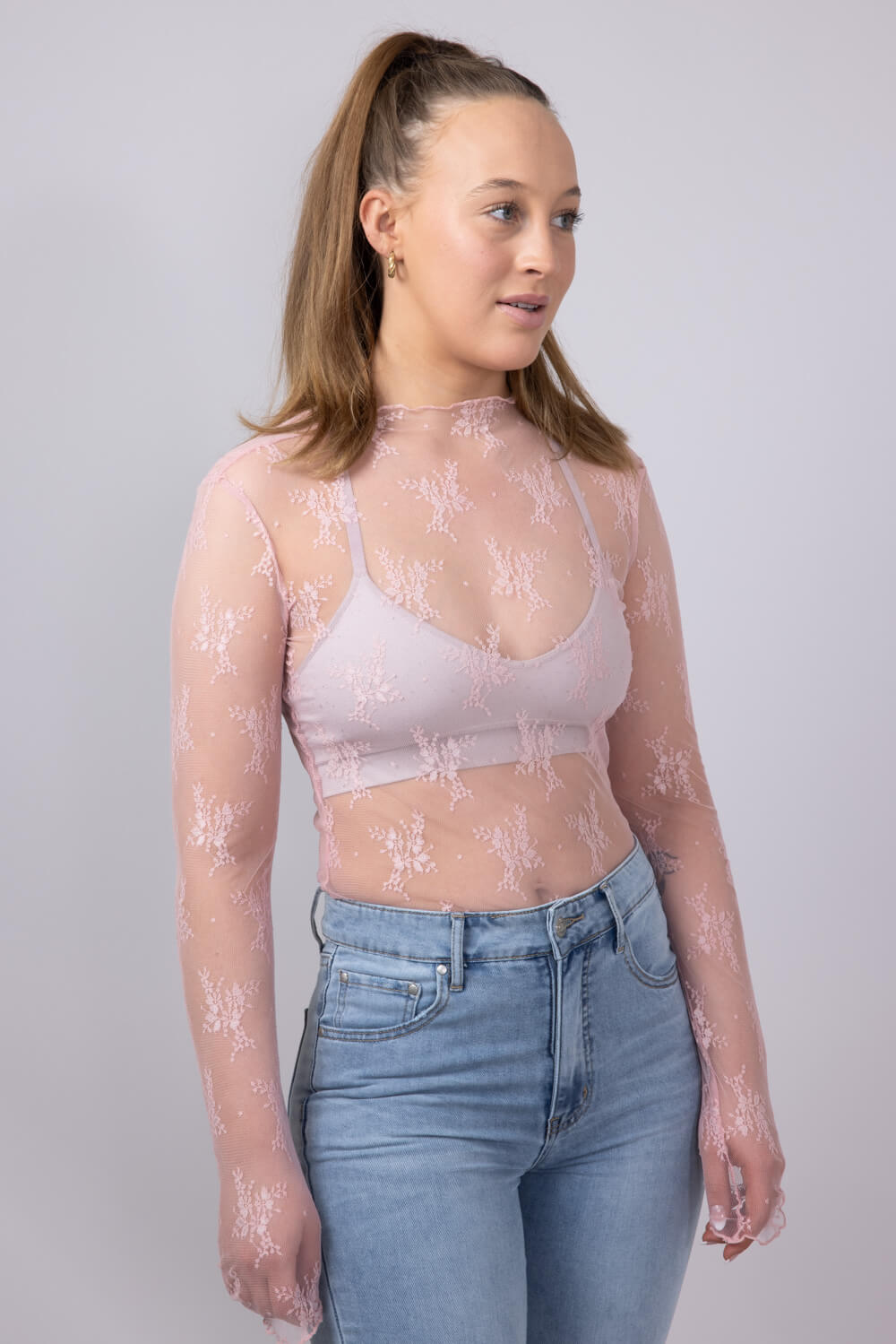 Lace Sheer Layering Top for Women in Pink