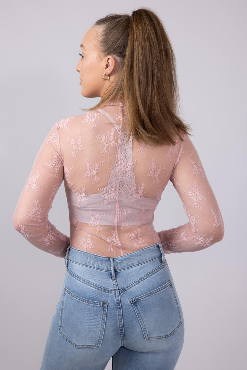 Lace Sheer Layering Top for Women in Pink