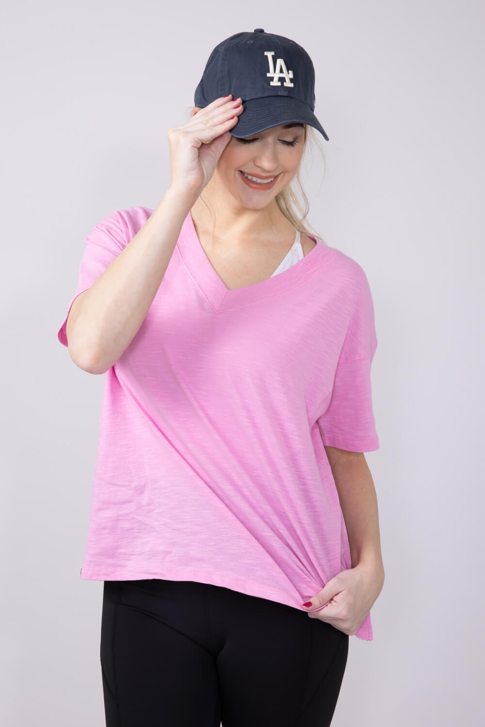 Simply Southern Women's Shirts Basic V-Neck Slub T-Shirt for Women in Blush