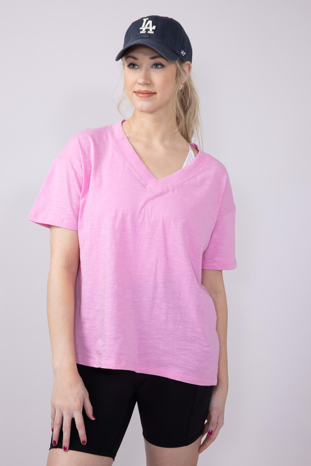 Simply Southern Women's Shirts Basic V-Neck Slub T-Shirt for Women in Blush