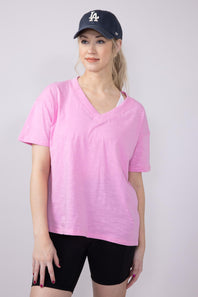 Simply Southern Women's Shirts Basic V-Neck Slub T-Shirt for Women in Blush