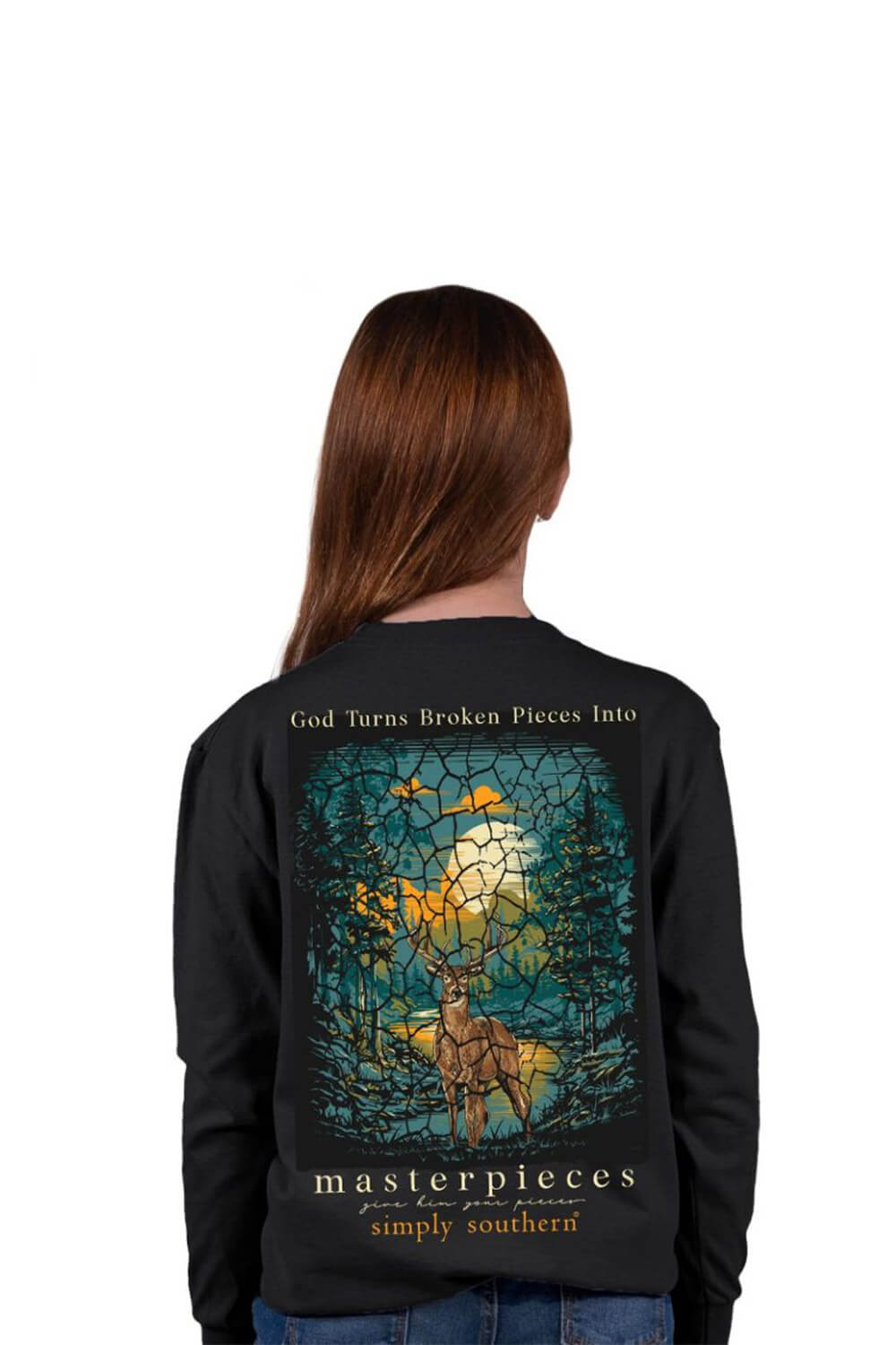 Simply Southern Youth Long Sleeve Broken Pieces T-Shirt for for Girls in Black