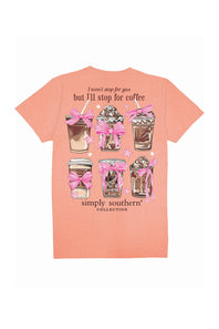 Simply Southern Coffee Cups T-Shirt for Women in Peach