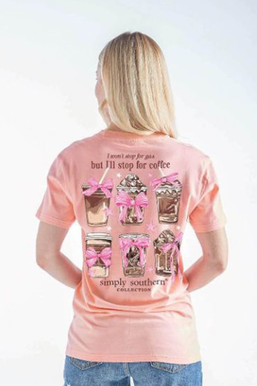 Simply Southern Coffee Cups T-Shirt for Women in Peach