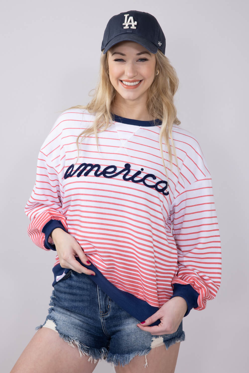 Simply Southern Women's Clothing French Terry Striped America Sweatshirt for Women in White