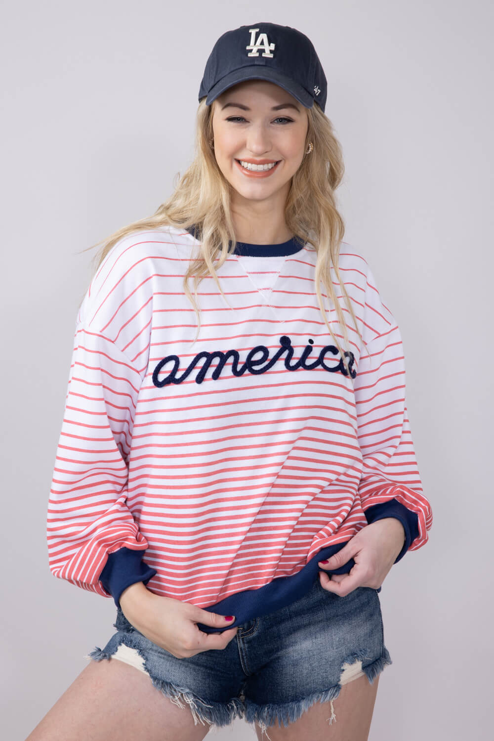 Simply Southern Women's Clothing French Terry Striped America Sweatshirt for Women in White