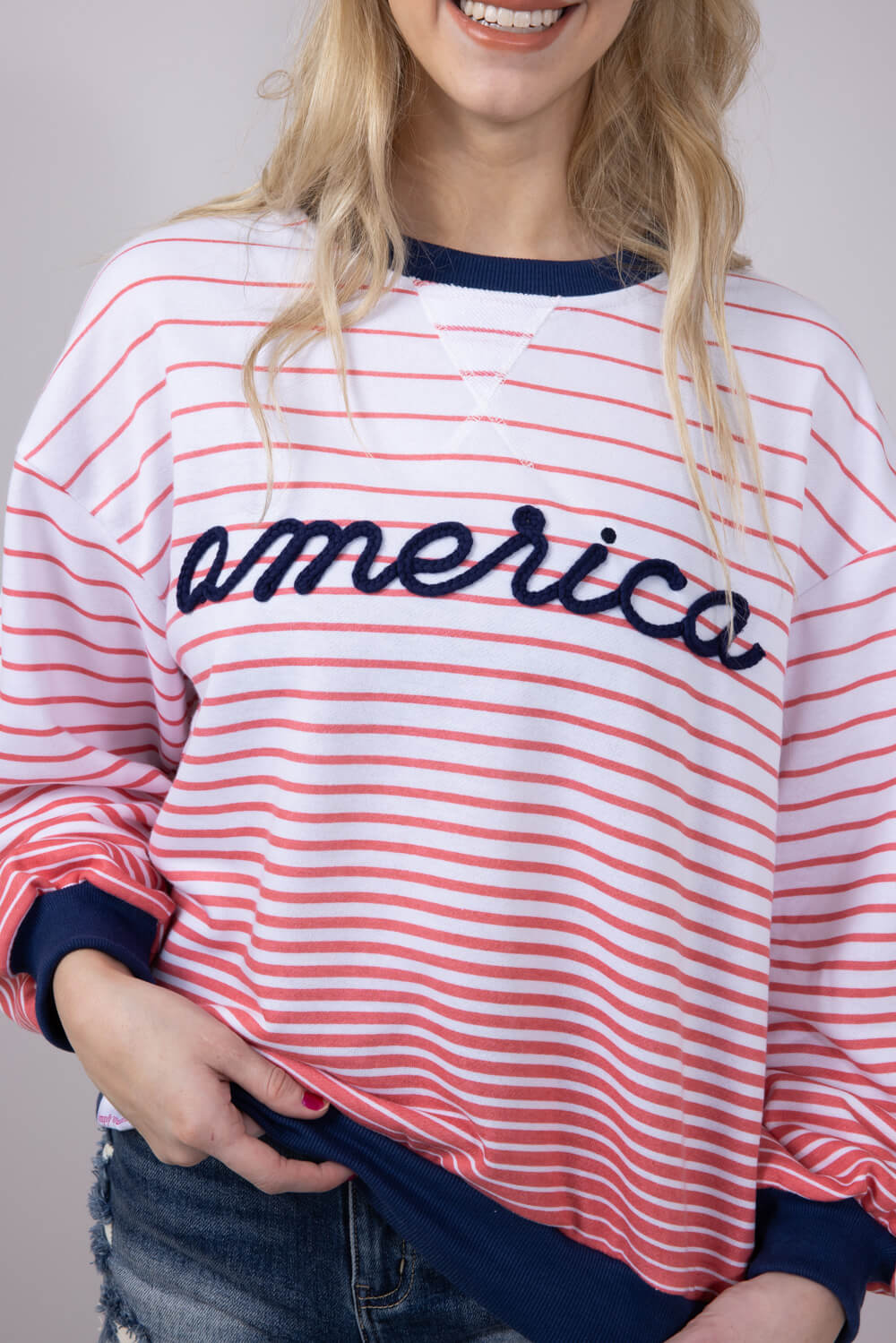 Simply Southern Women's Clothing French Terry Striped America Sweatshirt for Women in White