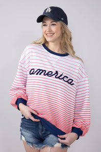 Simply Southern Women's Clothing French Terry Striped America Sweatshirt for Women in White