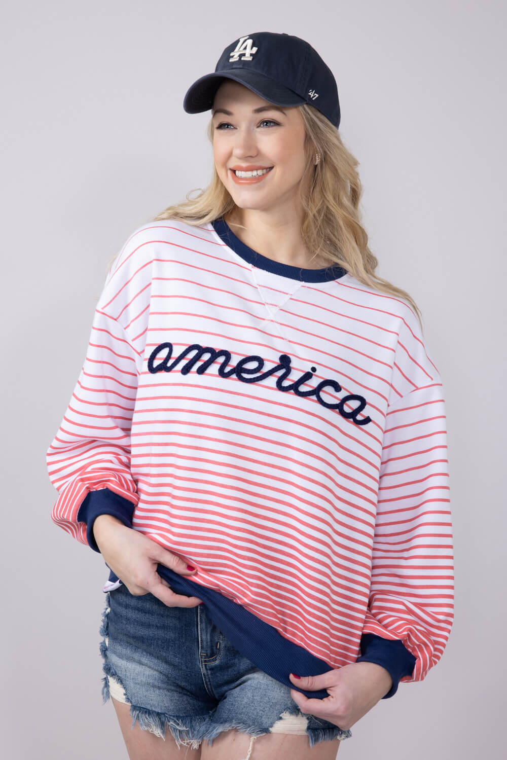 Simply Southern Women's Clothing French Terry Striped America Sweatshirt for Women in White