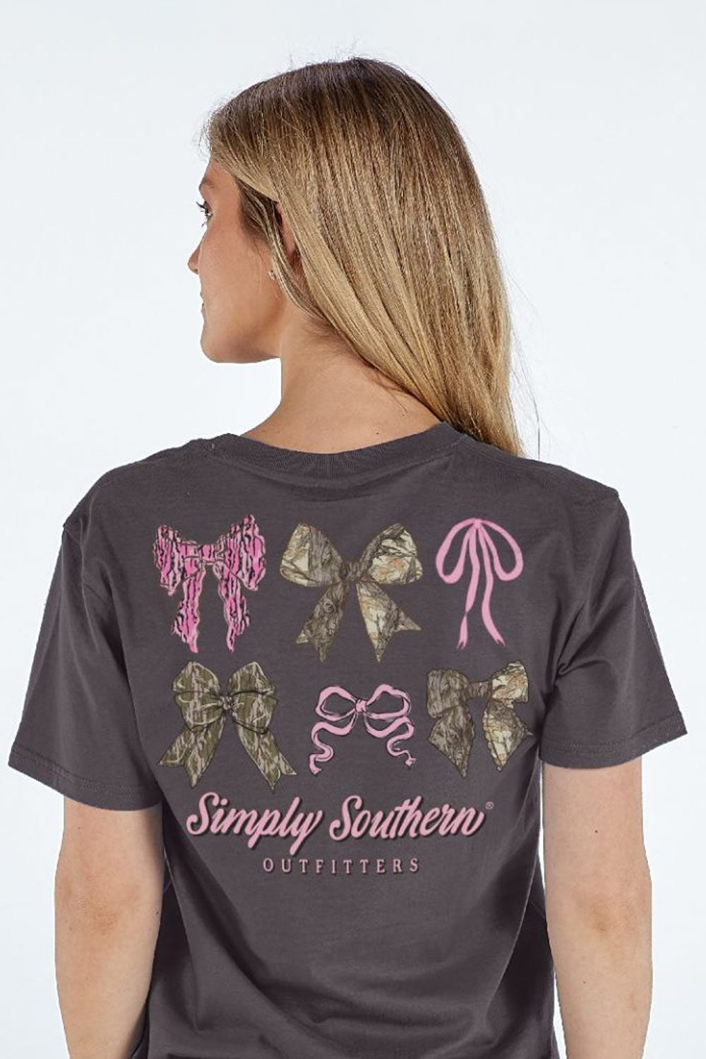 Simply Southern Multi Camo Bow T-Shirt for Women in Grey