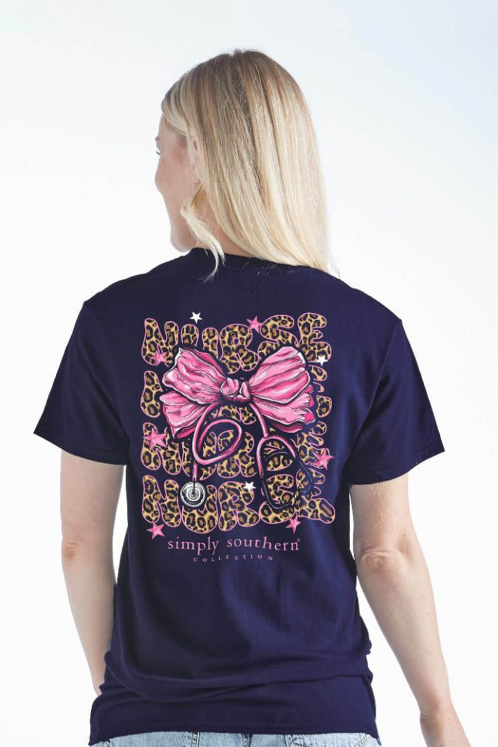 Simply Southern Pink Bow Nurse T-Shirt for Women in Navy