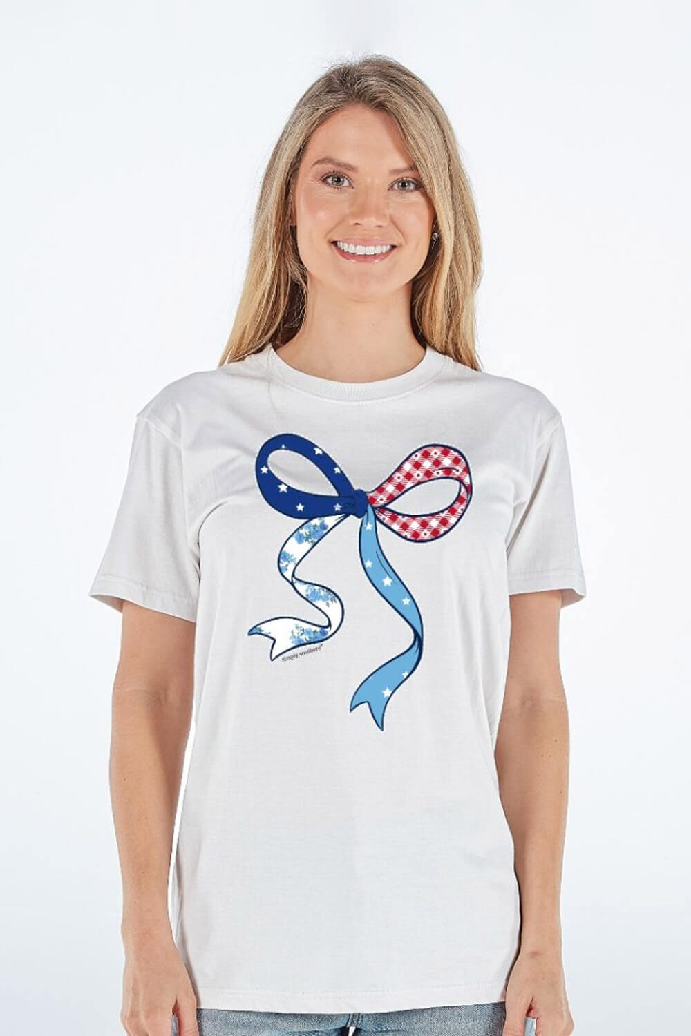 Simply Southern Americana Patchwork Bow T-Shirt in Whitewater Grey