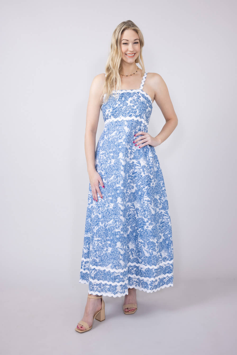Simply Southern Women's Dresses Scalloped Maxi Dress for Women in Blue Vintage Floral